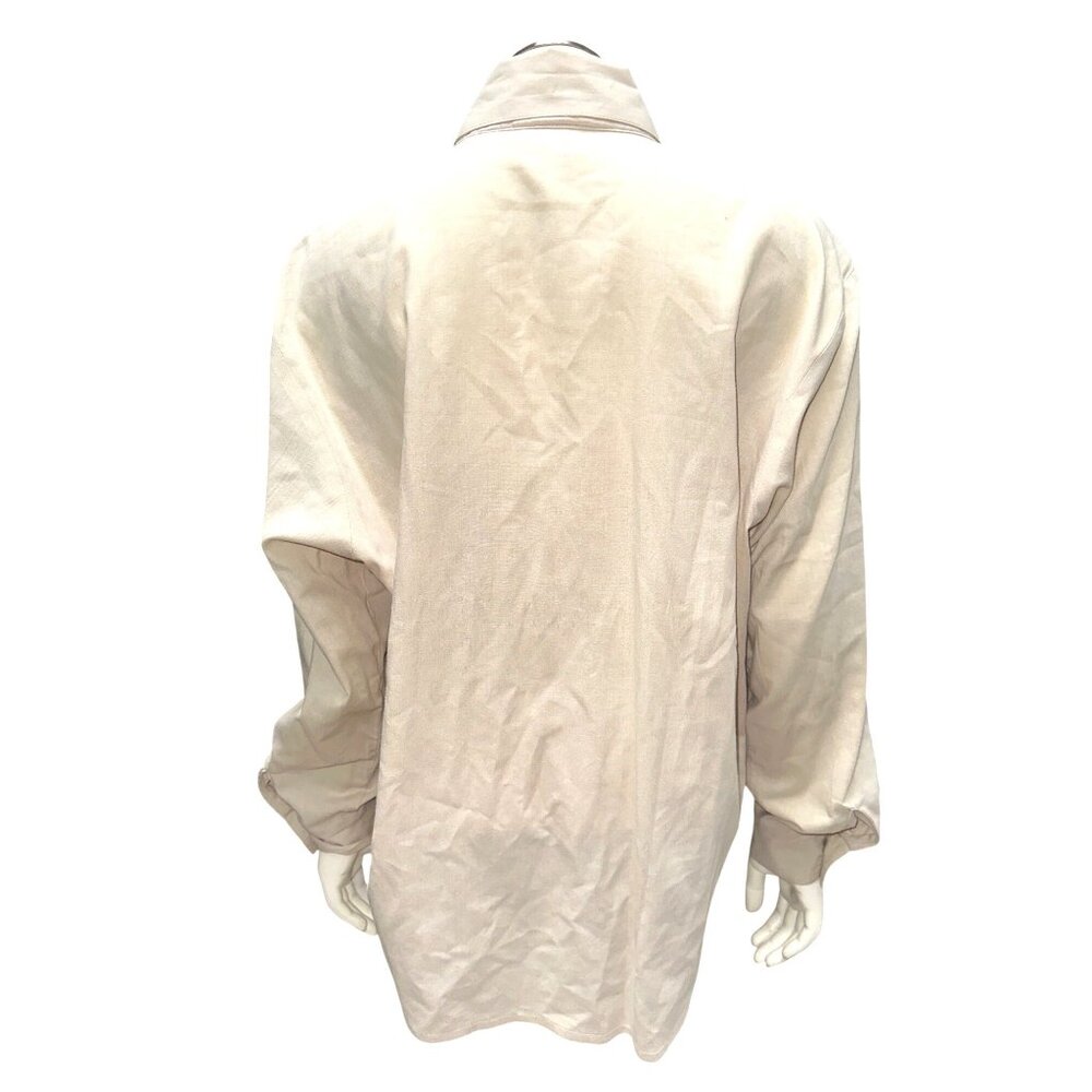 Tapestry Medium Ivory Tan Satin Look Mosaic Yoke Lace Pocket Button Front Blouse - Picture 4 of 10